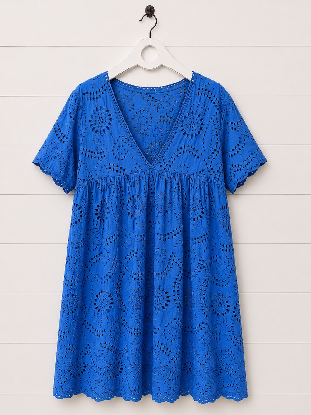Eyelet V-Neck Short Sleeve Dress - Cobalt Blue